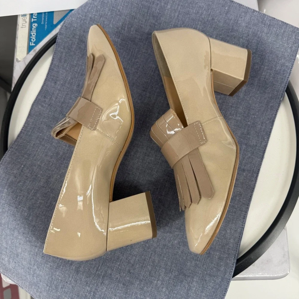 Paul Green Kiltie Loafer Fringe Pumps 8 Beige Patent Leather Square Toe